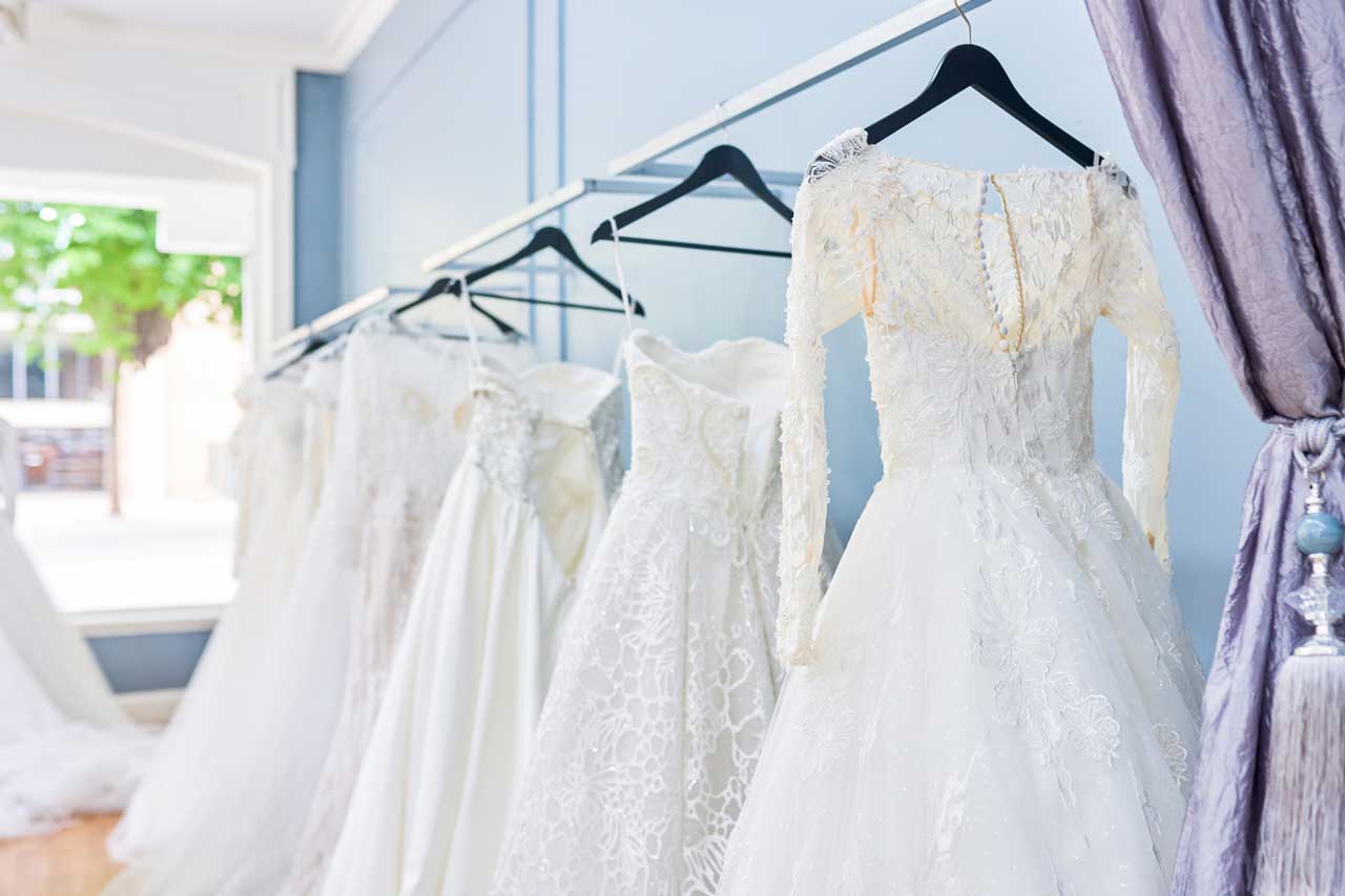 Wedding dresses on a rack