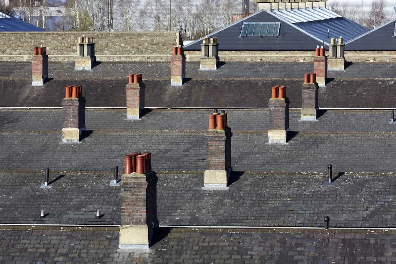 Rooftops with chimney stacks