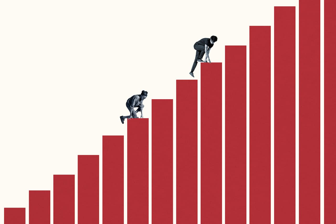 Illustration of people climbing up big steps