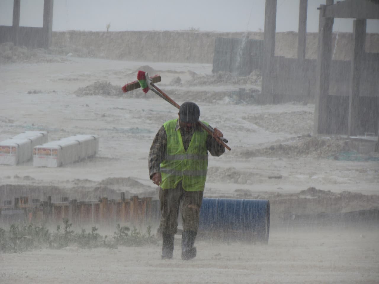 Severe rain at a construction site