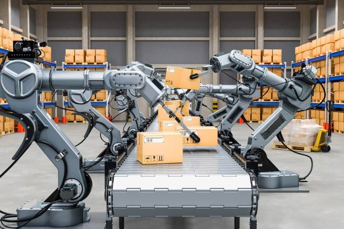 Robots packing boxes in a warehouse