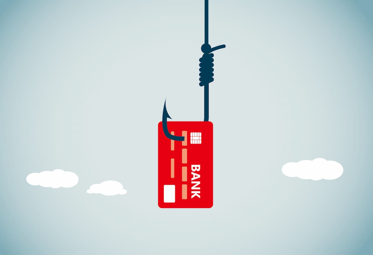 Illustration of a bank card on a fishing hook