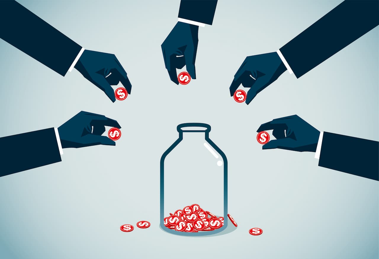 Illustration of hands placing dollars into a bottle