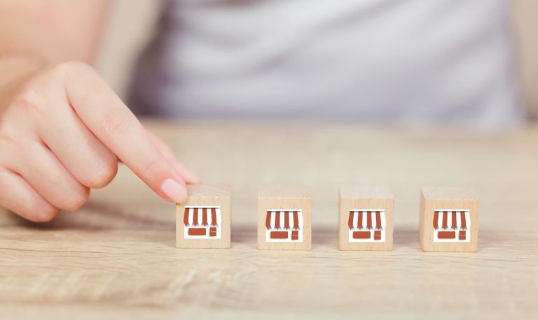 A collection of shops shown as building blocks