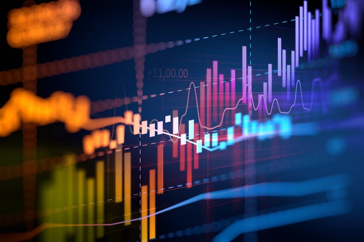 Colorful lines on a stock market chart illustrate different trends and movements in financial data over time.