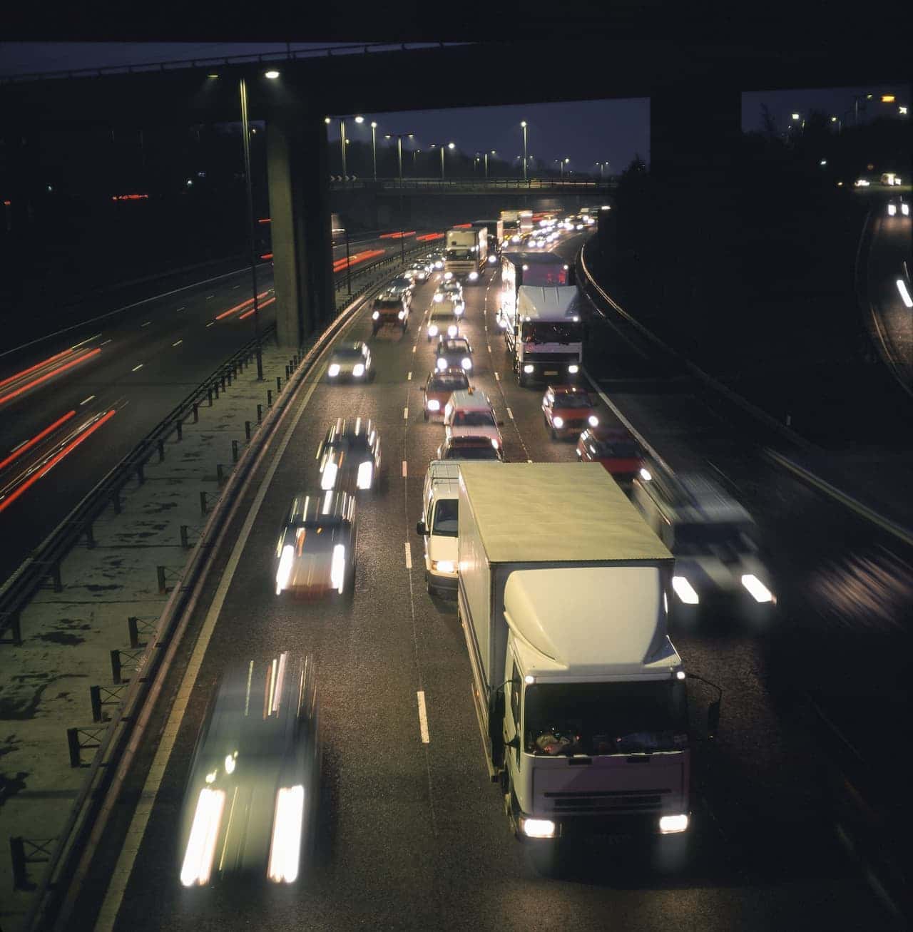 Busy motorway at night