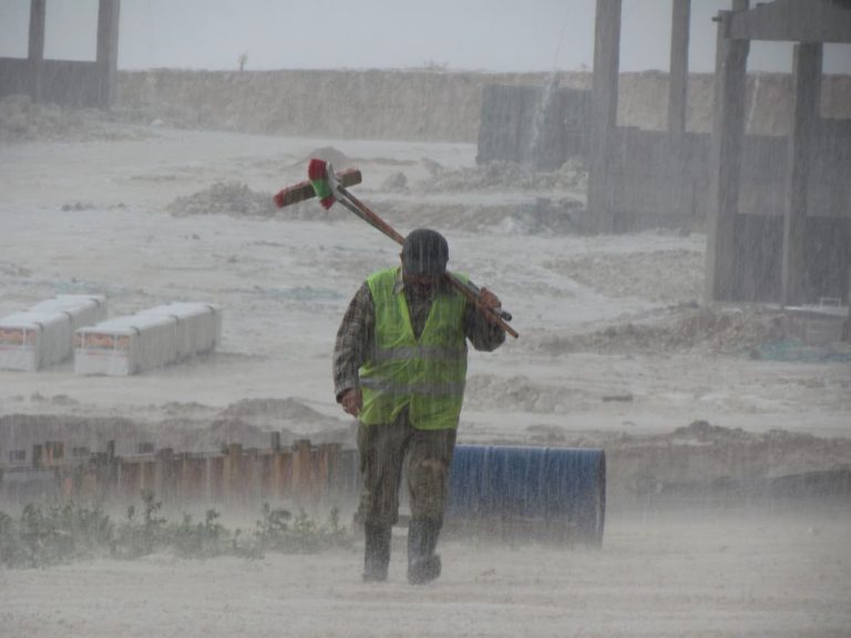 Severe rain at a construction site