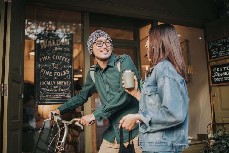Customers outside indie cafe