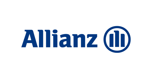 The image shows the Allianz logo. The word Allianz is written in blue, stylized font. To the right, there is a circular emblem with three vertical bars of varying heights inside. The background is white.