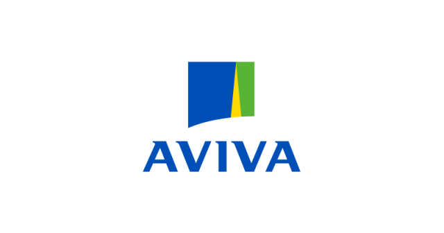 Aviva logo: blue square with green stripe and yellow triangle, "AVIVA" in bold letters.