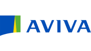 Logo of Aviva featuring the word AVIVA in blue letters. There is a geometric design resembling a flag on the left.