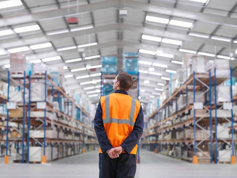 Person standing in a large warehouse, looking at shelves stocked with various goods.