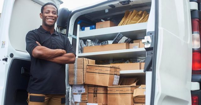 A person in a black shirt stands smiling next to an open commercial van. The van is filled with various sized packages and padded envelopes organized on shelves, showcasing how business insurance products can protect these valuable assets.