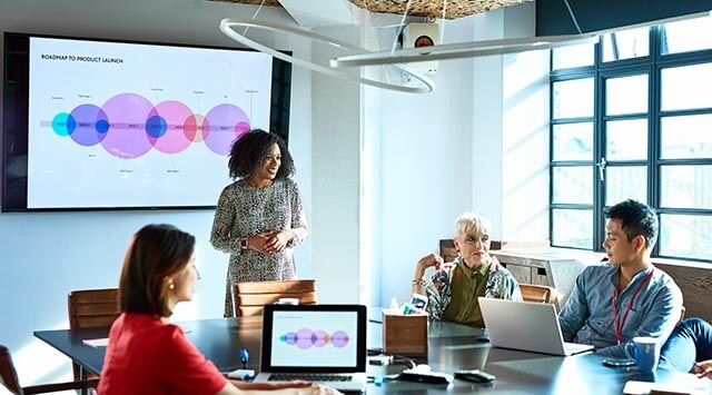 A group of people attending a meeting in a conference room. A woman stands near a screen displaying a Roadmap to Product Launch slide. Other participants sit at a table with laptops. Large windows on the right let in natural light.