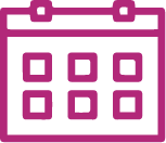 A simple purple icon of a calendar with two rings at the top. The calendar displays six squares, arranged in two rows of three, likely representing days.