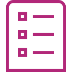 An icon depicting a magenta clipboard with a checklist. There are three square checkboxes aligned vertically on the clipboard, each followed by a horizontal line representing text. The background is white.