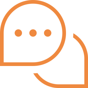 Two overlapping orange speech bubbles with three dots in the left bubble, symbolizing communication or conversation. The design is simple and minimalist with a transparent background.