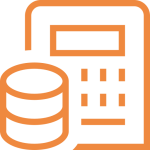 An orange icon depicts a calculator and a stack of coins. The calculator has a rectangular screen and ten buttons arranged in four rows. The coins are represented as a cylindrical shape with horizontal lines.