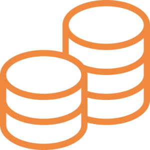 Two outlined orange stacks of coins, depicted in a minimalist style, are shown overlapping. Each stack consists of three round coins, with the top one slightly larger and more prominent than the others.