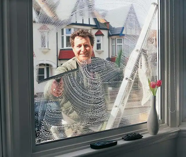 Worker cleaning a window outside, with a vase of flowers visible inside.