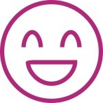 A magenta smiley face emoji with large, closed eyes and an open smile, on a white background.