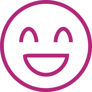 A magenta smiley face emoji with large, closed eyes and an open smile, on a white background.