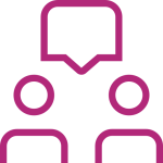 Two simple, abstract human figures with a speech bubble above them, depicted in pink lines on a white background. The image suggests communication or conversation between the figures.
