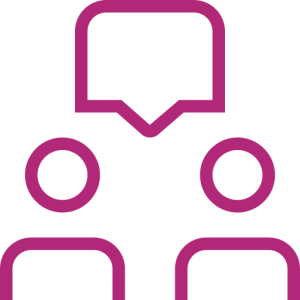 Two simple, abstract human figures with a speech bubble above them, depicted in pink lines on a white background. The image suggests communication or conversation between the figures.