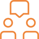 Orange icon of two figures with a speech bubble.