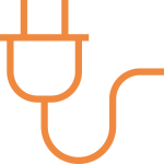 An orange line art illustration of an electrical plug and cable gracefully arcs to the right, embodying simplicity and minimalism against a transparent backdrop. Perfect for those keen on detail—much like ensuring your tools are safeguarded with tool cover insurance.