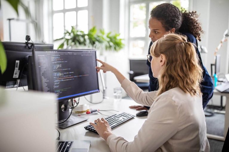 Two accountants reviewing code on a computer screen in an office with plants.