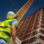 Construction worker inspecting scaffolding at a building under construction.