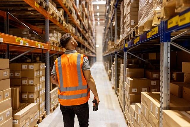Man in reflective vest walking through a warehouse aisle, holding a device and looking up.