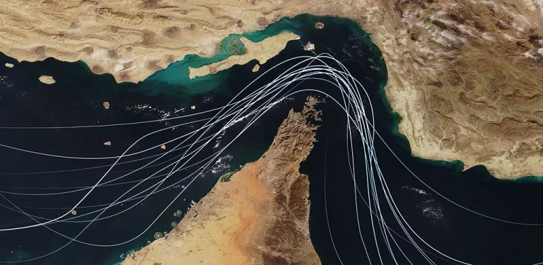 Satellite image depicting the route of the Arabian Sea, highlighting its geographical features and surrounding areas.