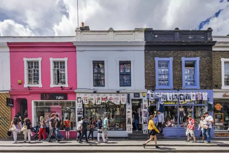 Row of shops with colourful shop fronts