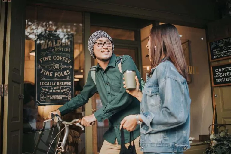 Customers outside indie cafe