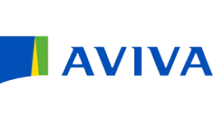 Logo of Aviva featuring the word AVIVA in blue letters. There is a geometric design resembling a flag on the left.
