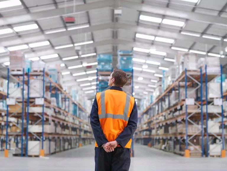 Person standing in a large warehouse, looking at shelves stocked with various goods.