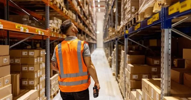 Man in reflective vest walking through a warehouse aisle, holding a device and looking up.
