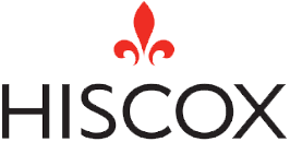 Hiscox logo with bold black text and a red fleur-de-lis above it on a white background.