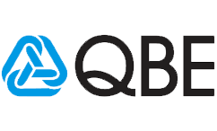 QBE logo with black text and a blue triangular icon made of three interlocking curves.