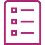 An icon depicting a magenta clipboard with a checklist. There are three square checkboxes aligned vertically on the clipboard, each followed by a horizontal line representing text. The background is white.