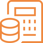An orange icon depicts a calculator and a stack of coins. The calculator has a rectangular screen and ten buttons arranged in four rows. The coins are represented as a cylindrical shape with horizontal lines.