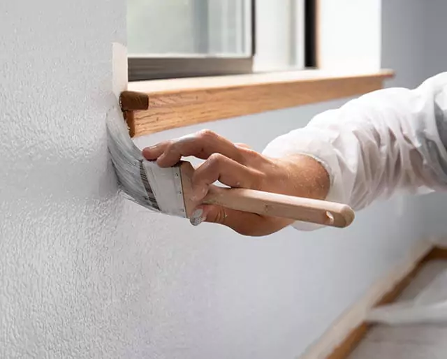 A person wearing a white sleeve is painting a light-colored wall with a paintbrush. The window in the background has a wooden frame. The room appears to be well-lit.
