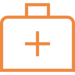 Icon of an orange medical kit with a white background, perfect for illustrating grocers insurance. The kit features a handle and a prominent plus sign in the center, symbolizing healthcare or first aid services essential in supermarket settings.