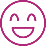 A magenta smiley face emoji with large, closed eyes and an open smile, on a white background.