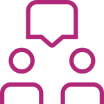 Two simple, abstract human figures with a speech bubble above them, depicted in pink lines on a white background. The image suggests communication or conversation between the figures.