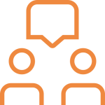 Orange icon of two figures with a speech bubble.